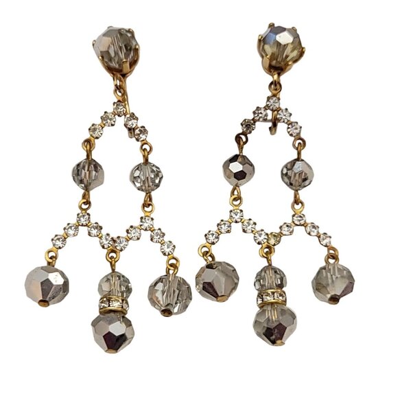 AB Beaded Prong Set Clear Rhinestone Chandelier Clip-On Earrings 2” Long, K130 - Picture 1 of 10